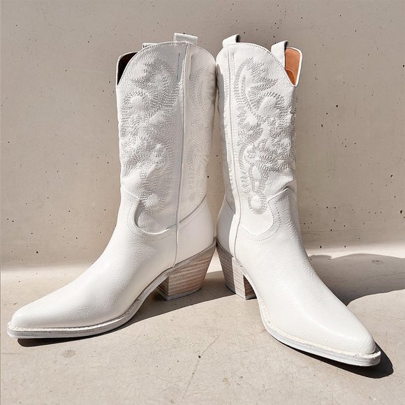 NEW White Cowboy Western Embroidered Stitch Pointy Toe Block Heel Mid Calf Boots - Picture 8 of 13